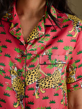 [Coral Serval] SilkSilky Short Sleeve Notch Collar Women's Pajamas 006