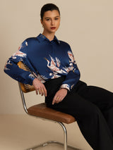 [Dark Blue] SilkSilky  Long Sleeve Lapel Collar Women's Shirt 005