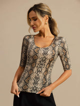Women’s silk scoop neck half sleeve snake print top in beige and brown