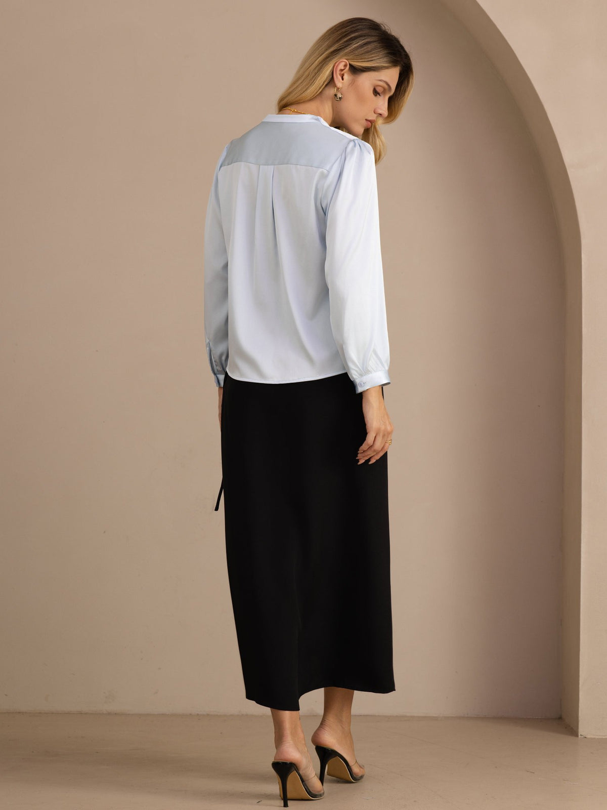 [Light Blue] SilkSilky  Long Sleeve Wrap Women's Blouse 002
