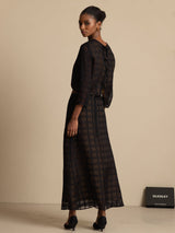 Pure silk checkered jacquard crop blouse and A-line tea-length skirt set, black