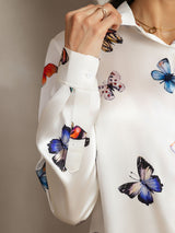 [White Butterfly] SilkSilky  Long Sleeve Lapel Collar Women's Shirt 004