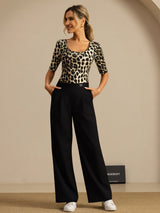 Leopard print pure silk scoop neck half sleeve top on model