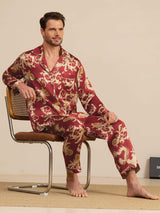 Red silk men's dragon print pajama set with notch collar and long sleeves