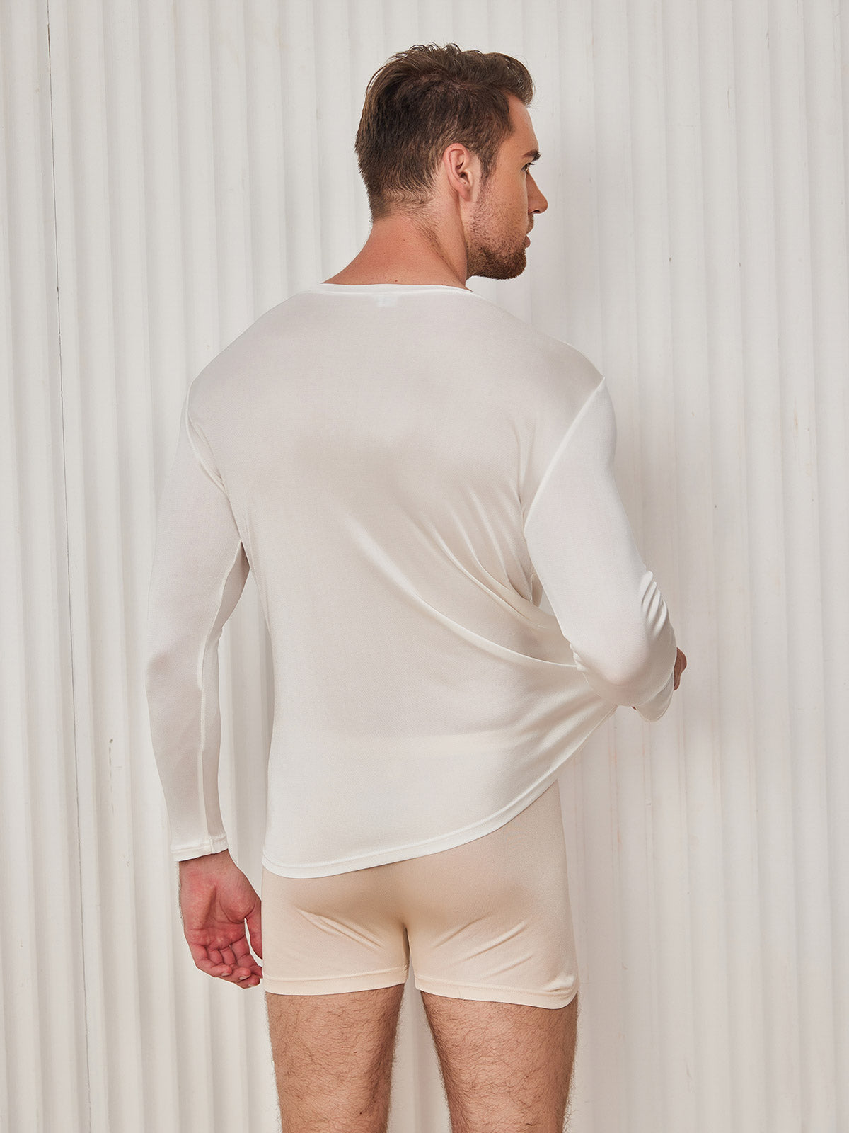 [White] SilkSilky  Long Sleeve Round Neck Men's T-Shirt 002