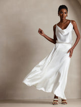 [White] SilkSilky  19Momme Stretch Silk Charmeuse Spaghetti Strap Cowl Neck Camisole Top 006