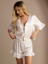 [White] SilkSilky  Short Sleeve V Neck Women's Pajamas 003