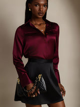 [Dark Red] SilkSilky  Long Sleeve Lapel Collar Women's Shirts 005