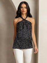 Black polka dot silk halter top with twist front and keyhole back