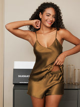 [Coffee] SilkSilky  Spaghetti Strap V Neck Camisole Set 001
