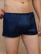 Men’s navy silk boxer briefs with elastic waistband and smooth mid-rise fit