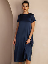 [Dark Blue] SilkSilky  Short Sleeve Crew Neck Dress 006