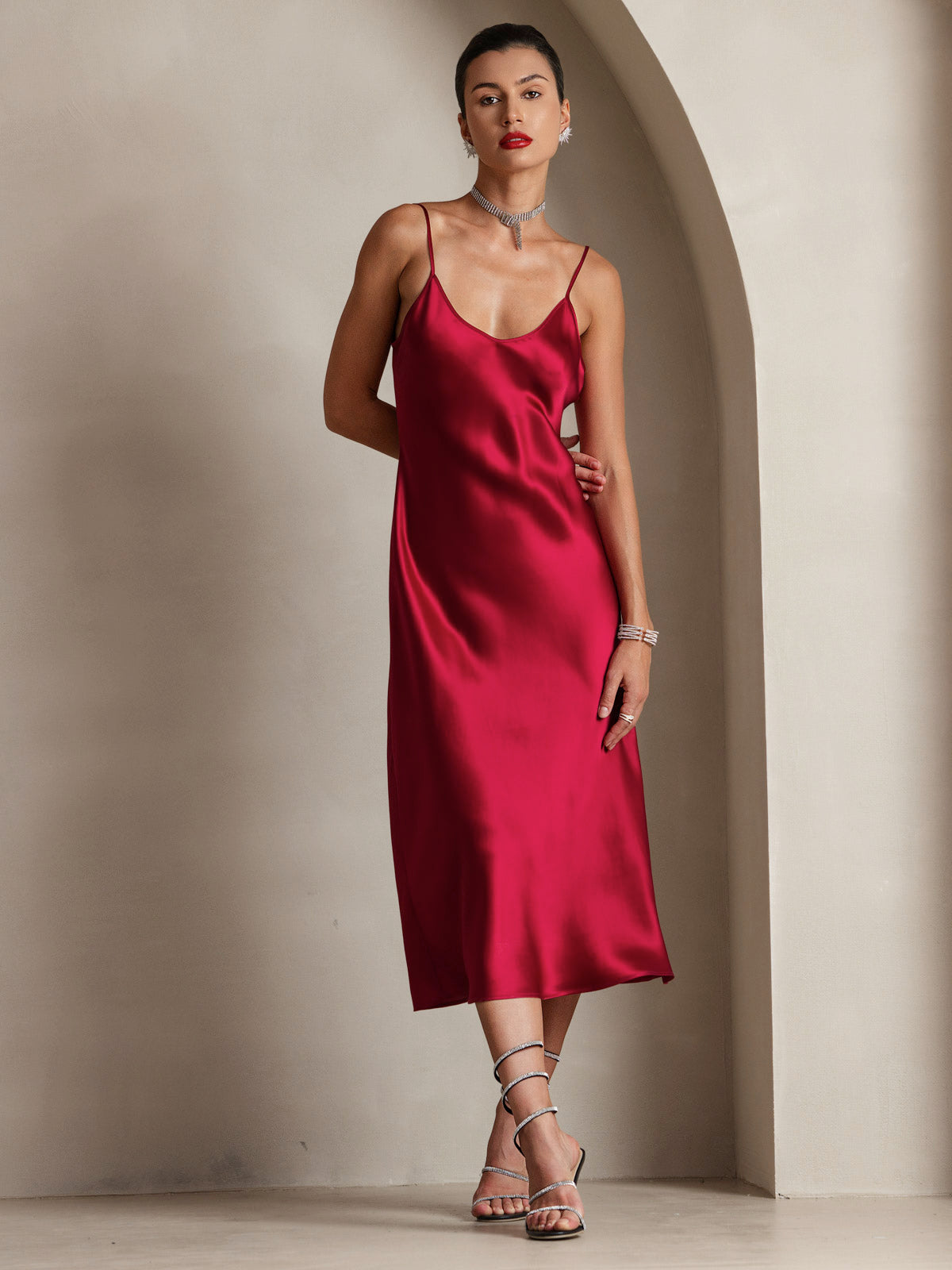 [Wine] SilkSilky  Spaghetti Strap V Neck Dress 001