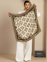 Pure silk square scarf with vintage baroque border and neutral animal-print pattern