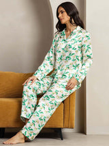 [Green Floral] SilkSilky  Long Sleeve Lapel Collar Women's Pajamas 005