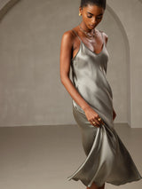 [Grayish Green] SilkSilky  Spaghetti Strap V Neck Dress 005