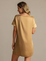 [Tan] SilkSilky  Short Sleeve Round Neck Nightgown 002