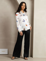 [White Butterfly] SilkSilky  Long Sleeve Lapel Collar Women's Shirt 007
