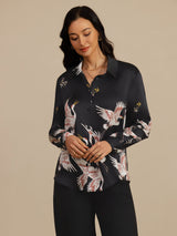 [Black] SilkSilky  Long Sleeve Lapel Collar Women's Shirt 004