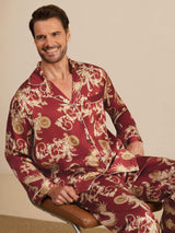 Men's burgundy silk dragon print pajama set with notch collar and long sleeves