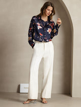 [Navy Floral] SilkSilky  Long Sleeve Lapel Collar Women's Shirt 006