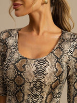 Pure silk women’s snake print scoop neck half sleeve top