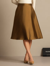 Gold silk-wool blend A-line midi skirt with high waist and elegant drape