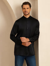 [Black] SilkSilky Long Sleeve Stand Collar Men''s Shirt 006