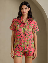 [Coral Serval] SilkSilky Short Sleeve Notch Collar Women's Pajamas 001