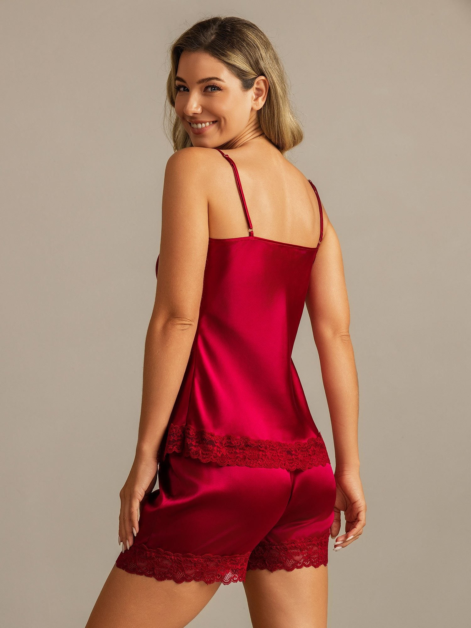 [Wine] SilkSilky  Spaghetti Strap V Neck Camisole Set 002