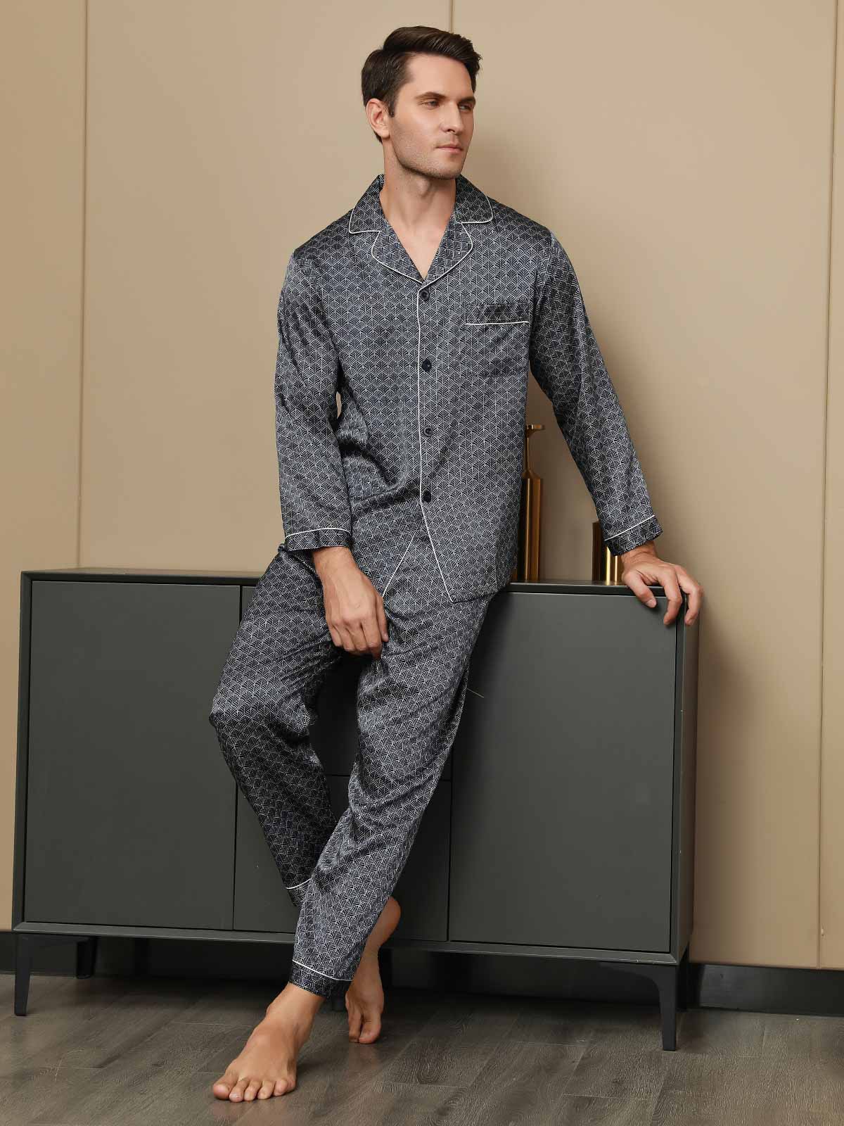 [Navy Ginkgo] SilkSilky  Long Sleeve Lapel Collar Men's Pajamas 001