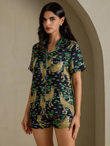 [Black Serval] SilkSilky Short Sleeve Notch Collar Women's Pajamas 003