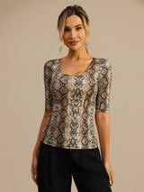Women’s silk jersey snake print scoop neck half sleeve top in slim fit
