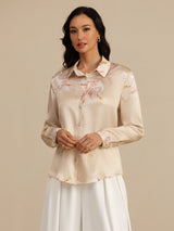 Beige silk long sleeve blouse with crane print, lapel collar and button front