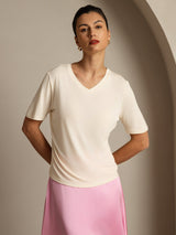 [Beige] SilkSilky  Short Sleeve V Neck Women's T-Shirt 001