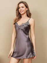 [Purple Gray] SilkSilky  Spaghetti Strap V Neck Nightgown 007