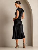 [Black] SilkSilky  19Momme Stretch Silk Charmeuse Cap Sleeve Scoop Neck Dress 002