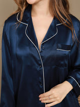 [Dark Blue] SilkSilky  Long Sleeve Lapel Collar Women's Pajamas 008