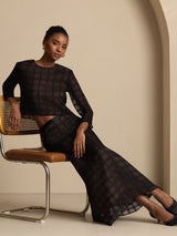 Black textured grid silk crop blouse and long A-line skirt set