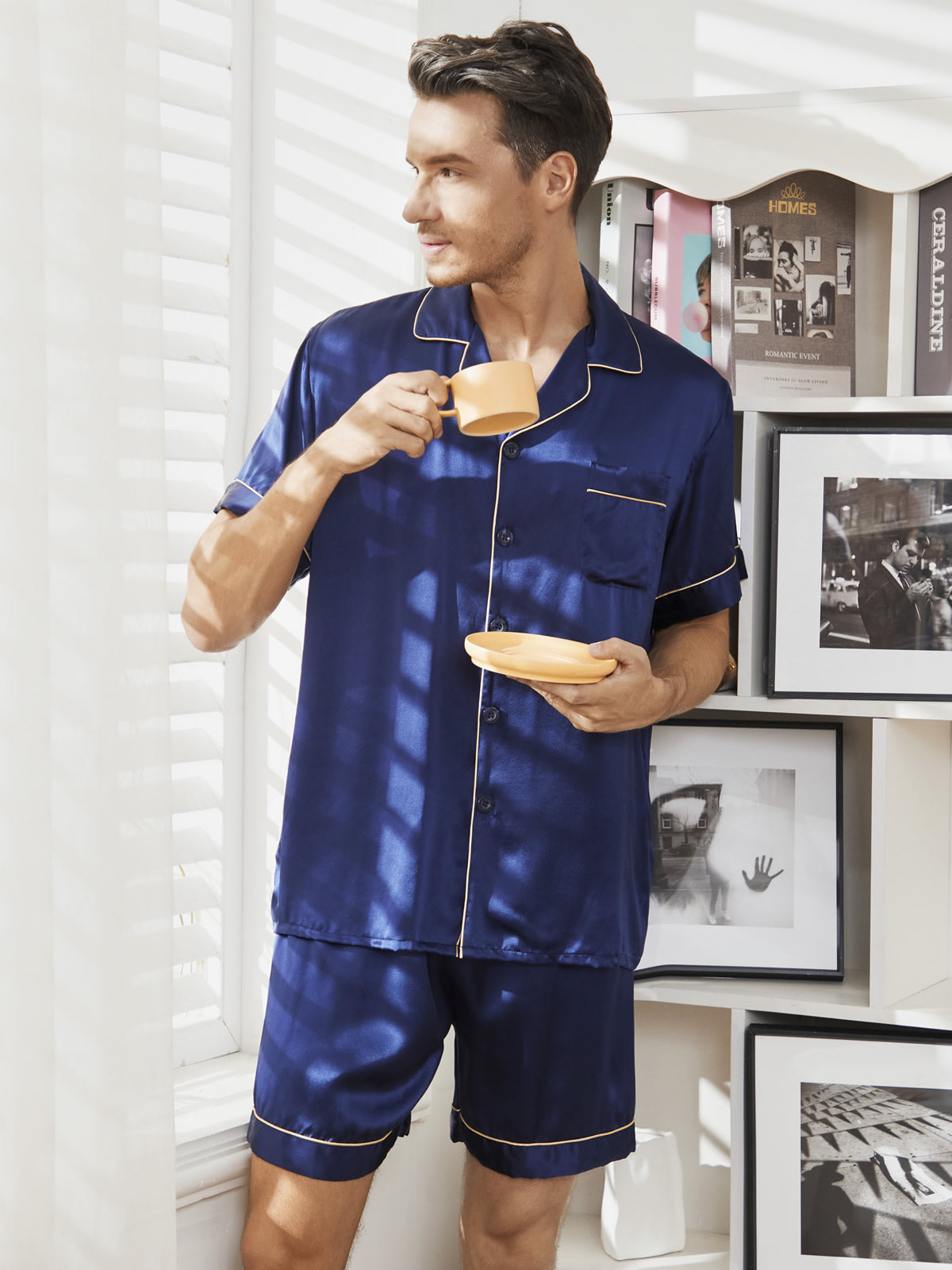 [Dark Blue] SilkSilky  Short Sleeve Lapel Collar Men's Pajamas 001