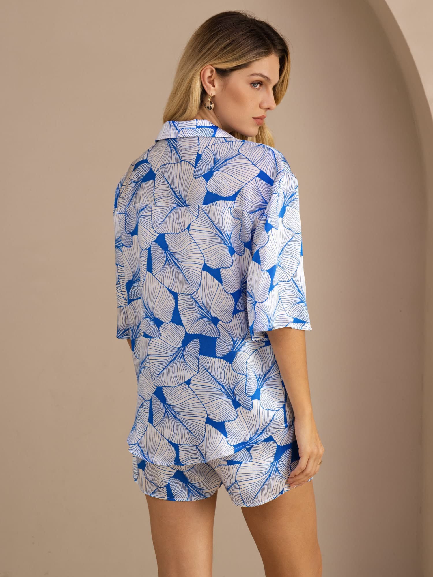 [Ice Leaf] SilkSilky  Half Sleeve Lapel Collar Women's Pajamas 002
