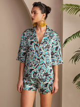 [Teal Botanical] SilkSilky  Half Sleeve Lapel Collar Women's Pajamas 003