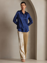 [Dark Blue] SilkSilky  Long Sleeve Lapel Collar Women's Shirt 004