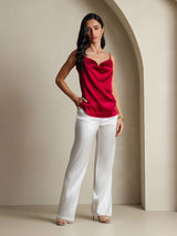[Wine] SilkSilky  19Momme Stretch Silk Charmeuse Spaghetti Strap Cowl Neck Camisole Top 008