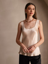 [Champagne] SilkSilky  19Momme Stretch Silk Charmeuse Sleeveless Scoop Neck Camisole Top 003