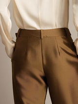 Brown silk-wool blend high waist tapered cropped women's pants with waistband