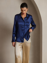 [Dark Blue] SilkSilky  Long Sleeve Lapel Collar Women's Shirt 003