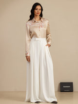 Champagne silk crane print long-sleeve button blouse with lapel collar