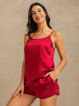 Red washable silk camisole and shorts set with adjustable spaghetti straps and side pocket