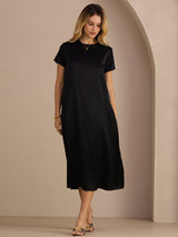 [Black] SilkSilky  Short Sleeve Crew Neck Dress 003
